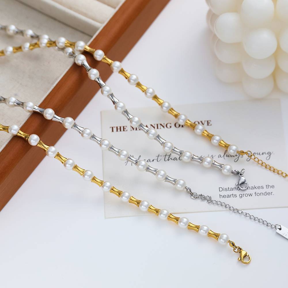 High-quality Cuban stainless steel 18k gold-plated women's bamboo knot freshwater pearl fashion jewelry necklace