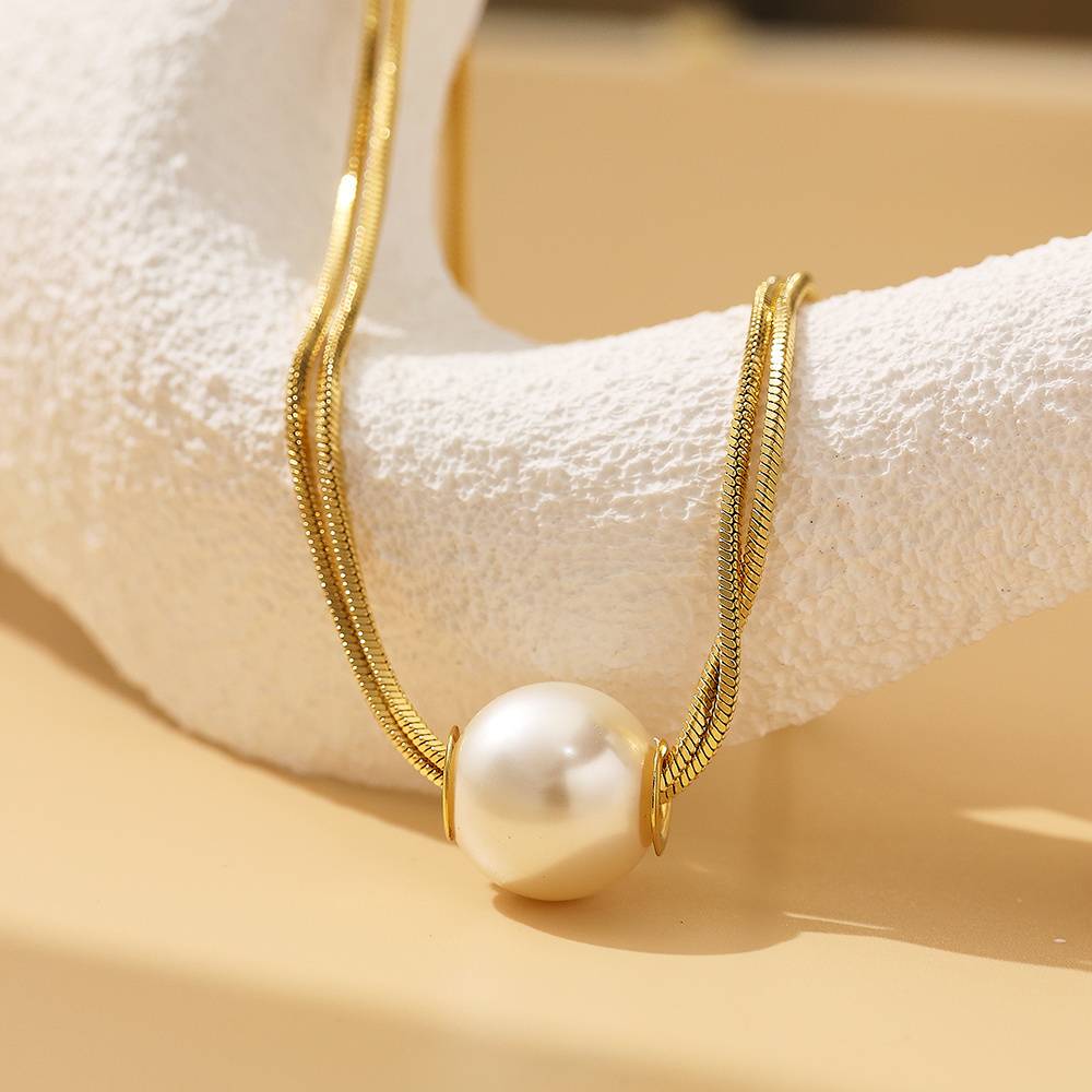 Custom bulk pearl double-layer snake chain 18k gold-plated women's stainless steel chain pendant fashion jewelry necklace