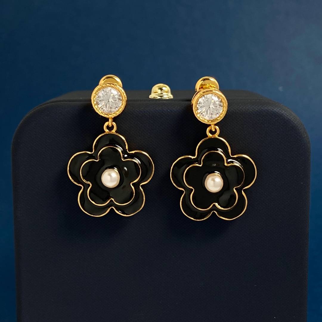 Lonceen Chic Black Enamel Flower & Zircon Drop Earrings