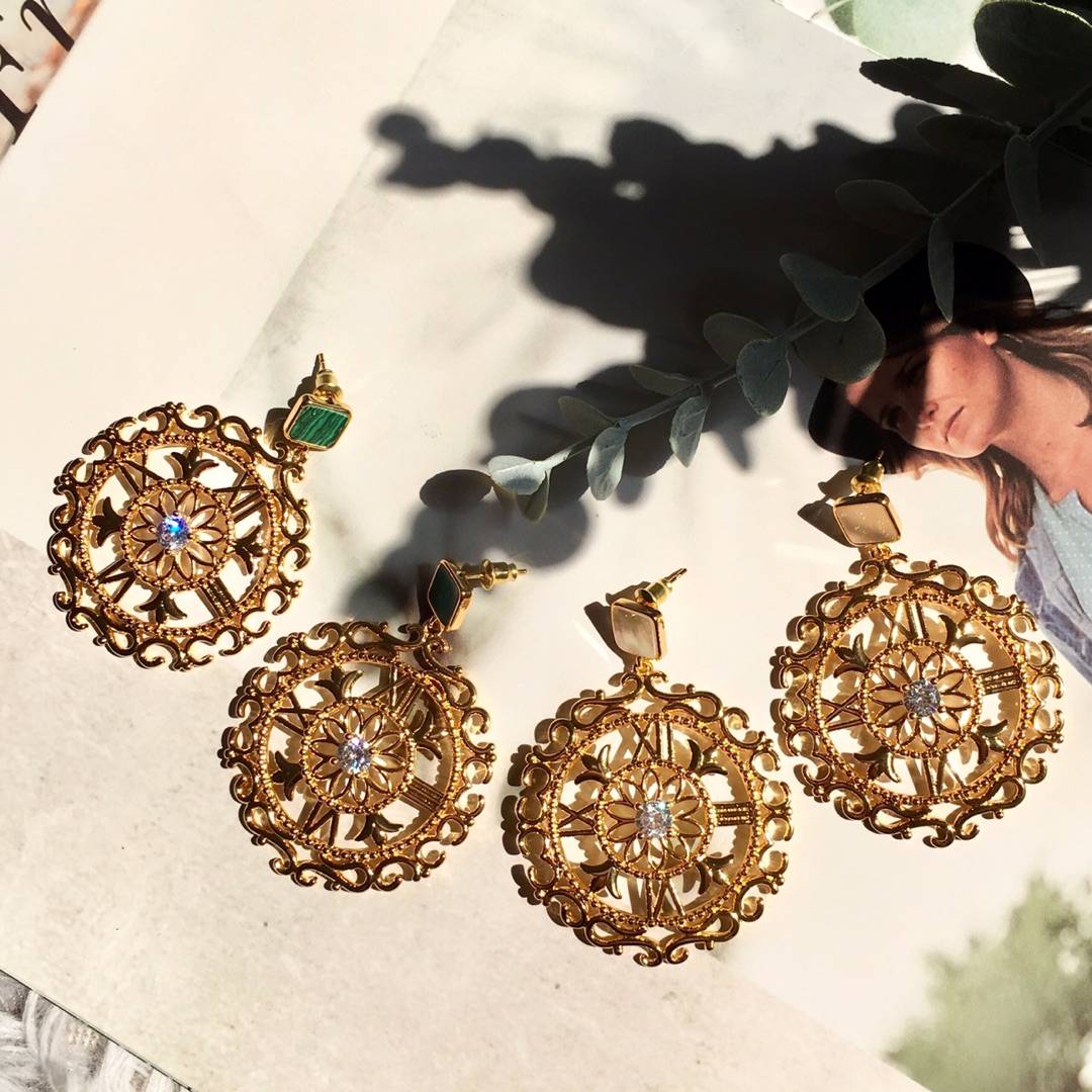 Lonceen Opulent Green Onyx & Zircon Filigree Medallion Drop Earrings