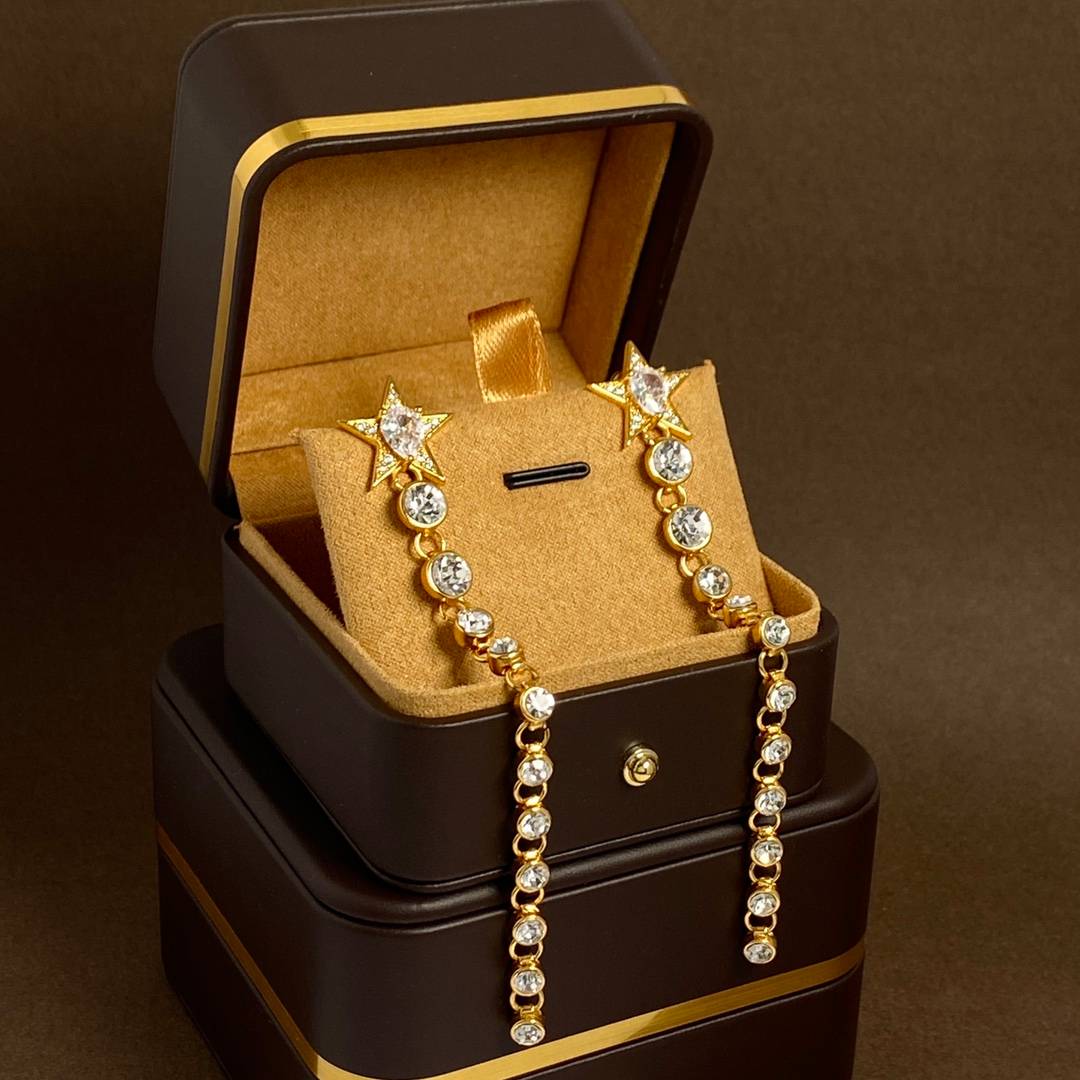 Lonceen Shimmering Star Motif Size-Zircon Tassel Drop Earrings