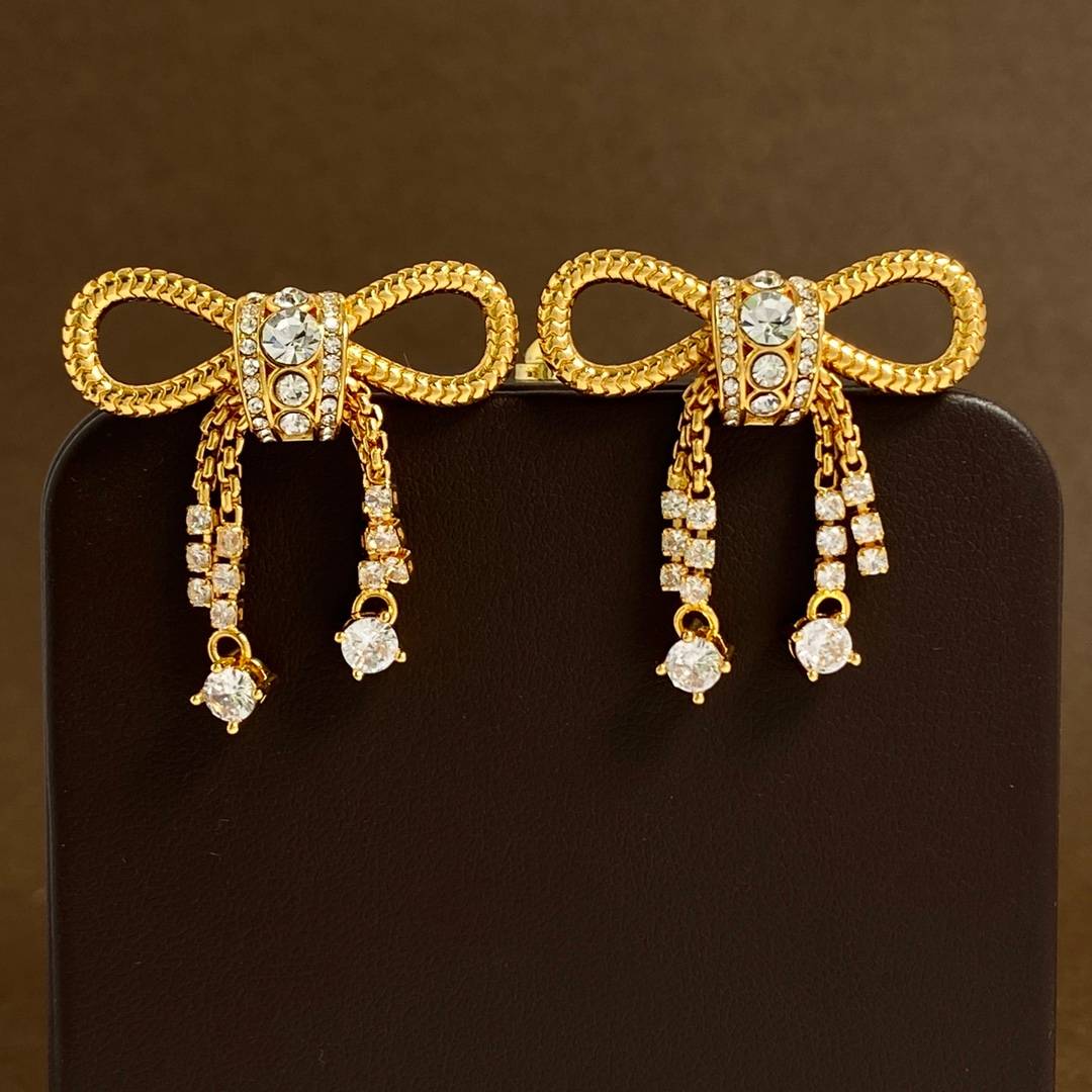 Lonceen Feminine Bow Zircon Tassel Stud Earrings