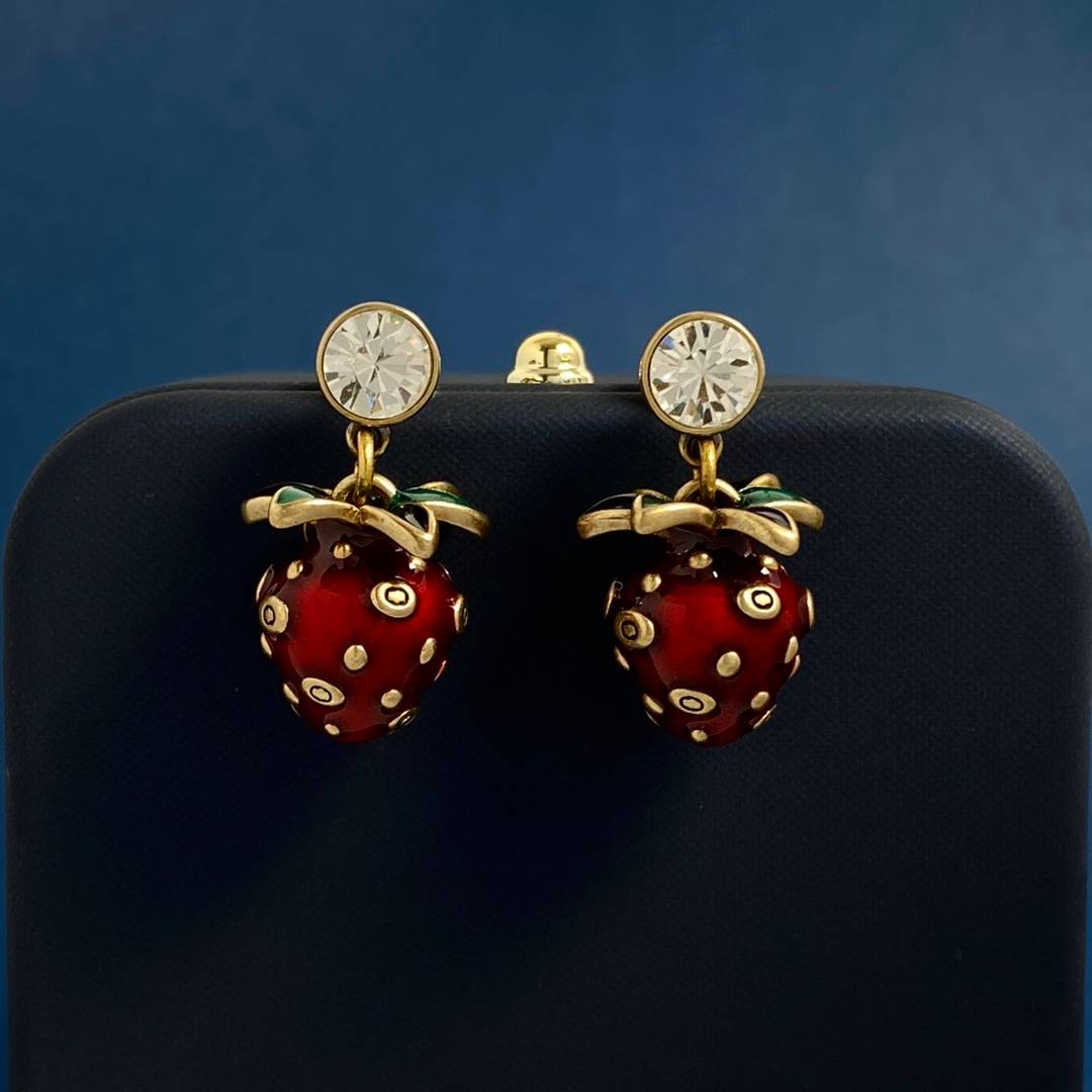 Lonceen Playful Strawberry Enamel & Zircon Drop Earrings