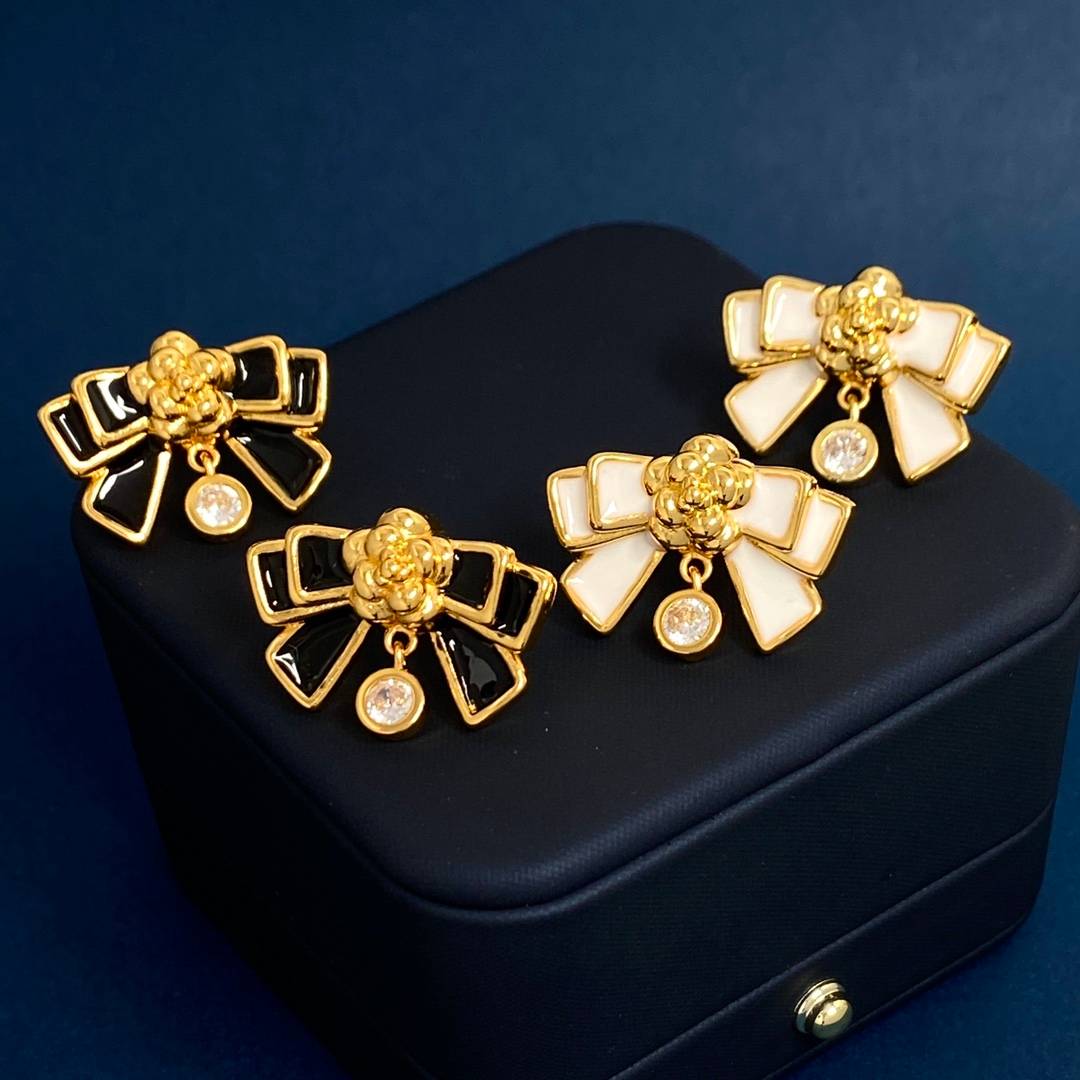 Lonceen Chic Black Enamel Bow & Zircon Stud Earrings