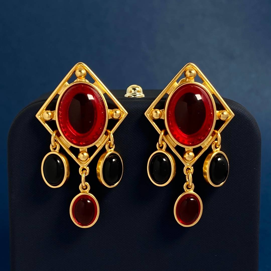 Lonceen Vintage Red Resin & Black Tassel Drop Earrings