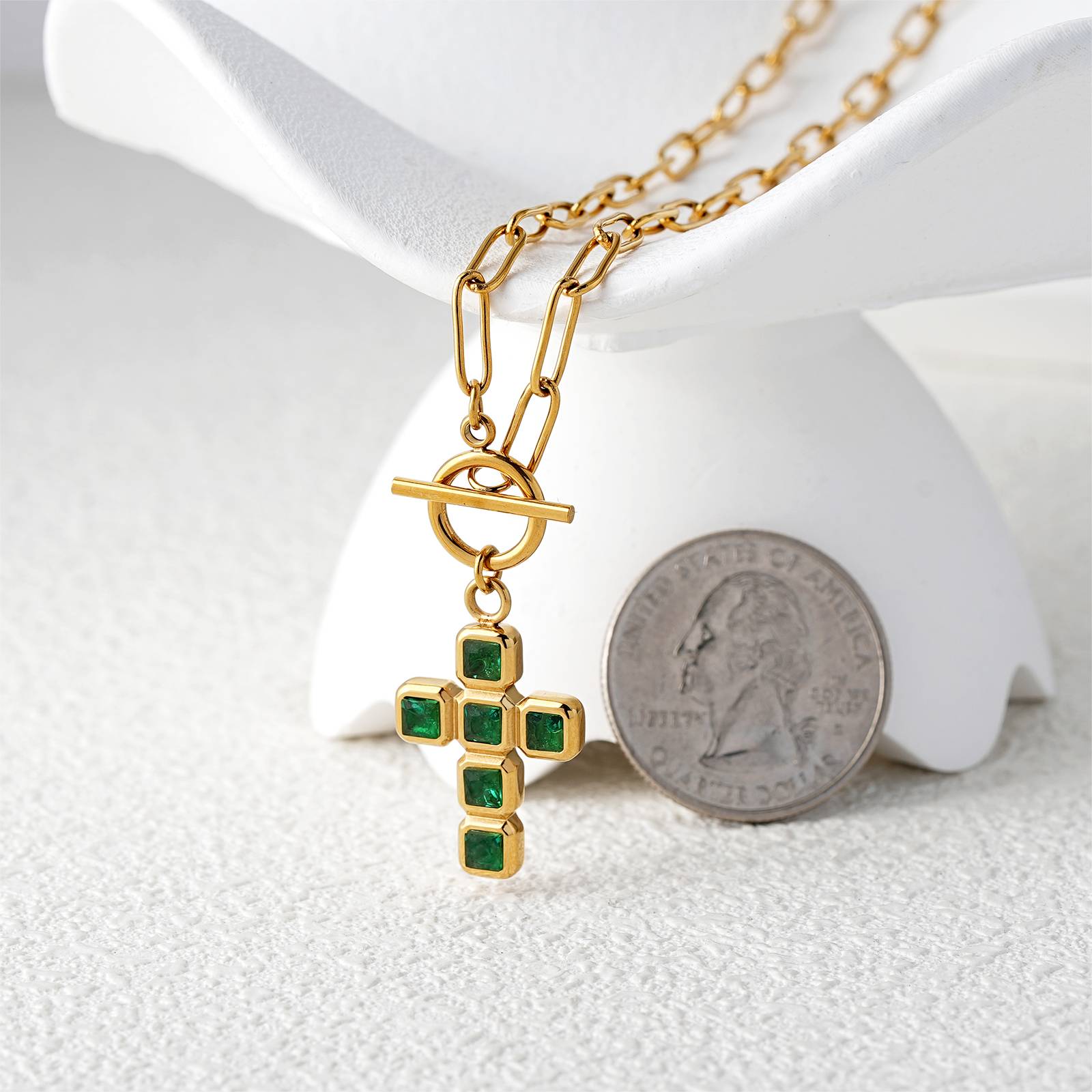 Stainless Steel Necklace with Green Nano Cross Pendant