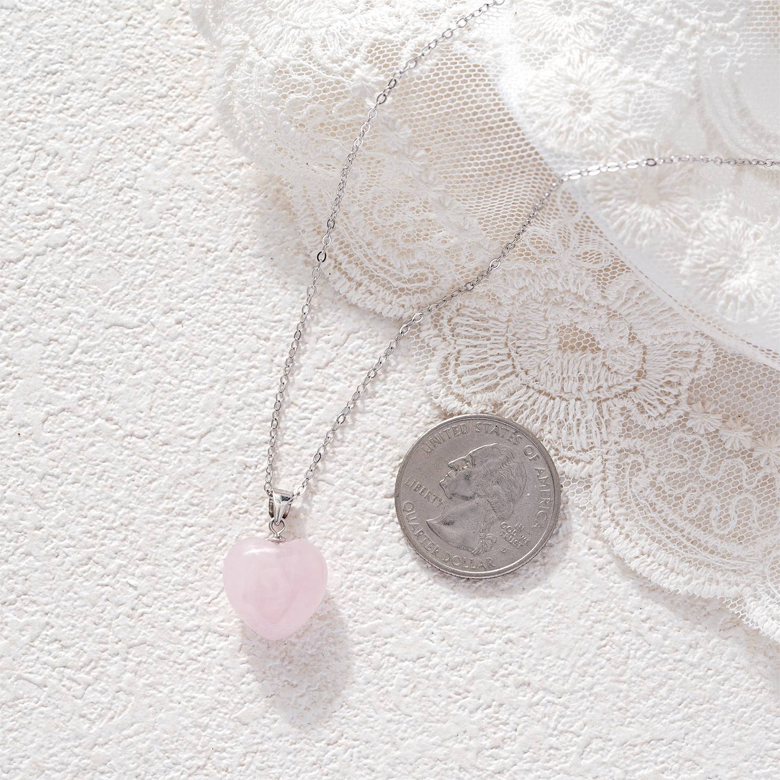Stainless Steel Necklace with Pink Crystal Heart Pendant