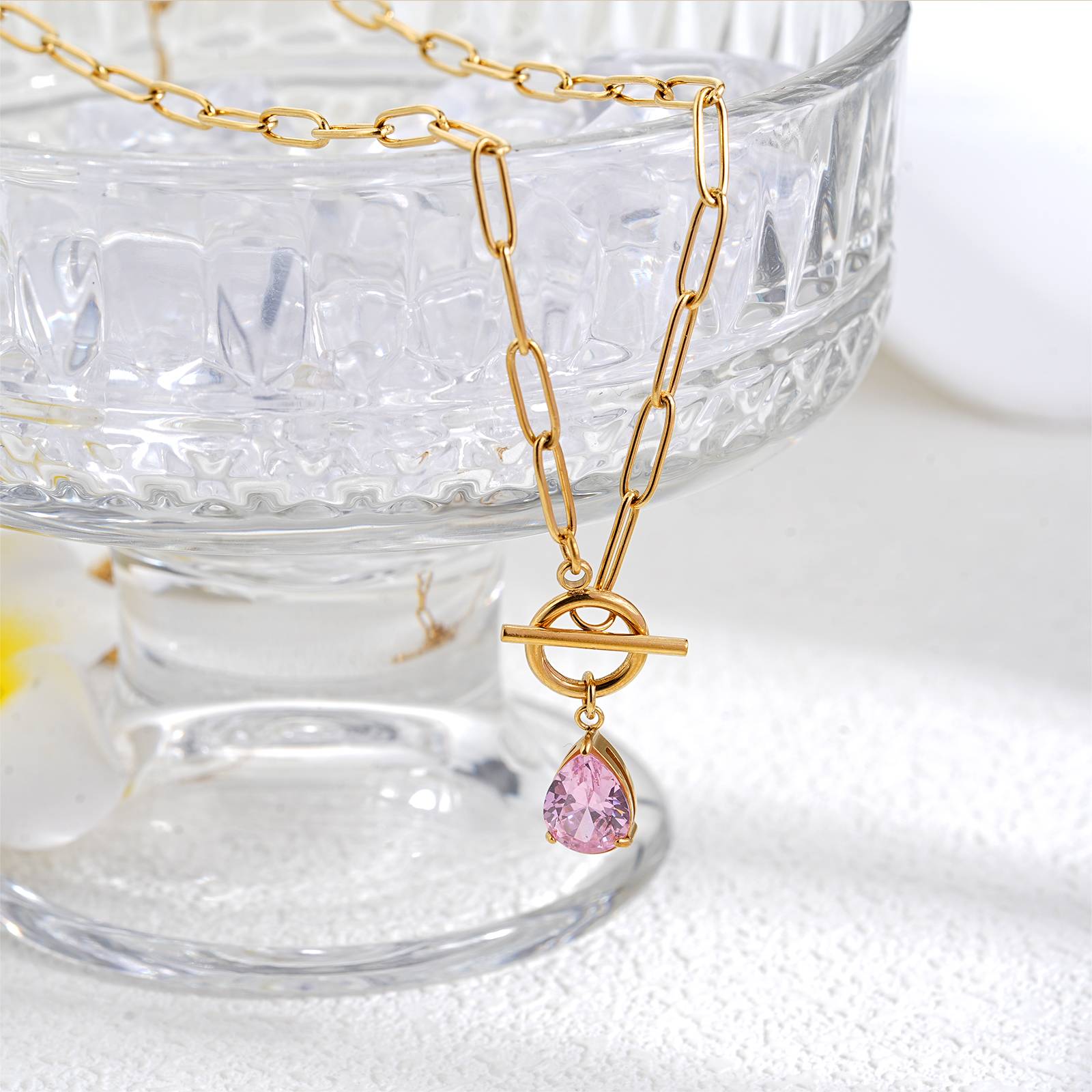 Stainless Steel Necklace with Blue CZ Drop Pendant