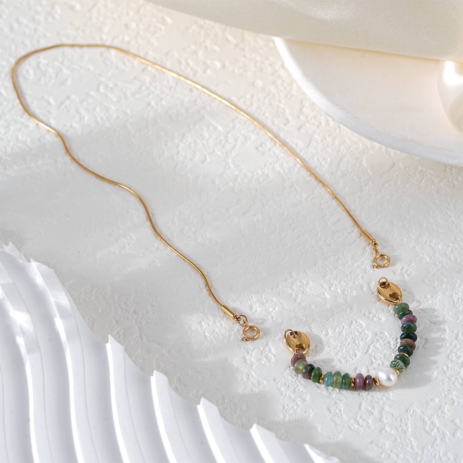 Stainless Steel Necklace with Indian Agate Beads Pearl