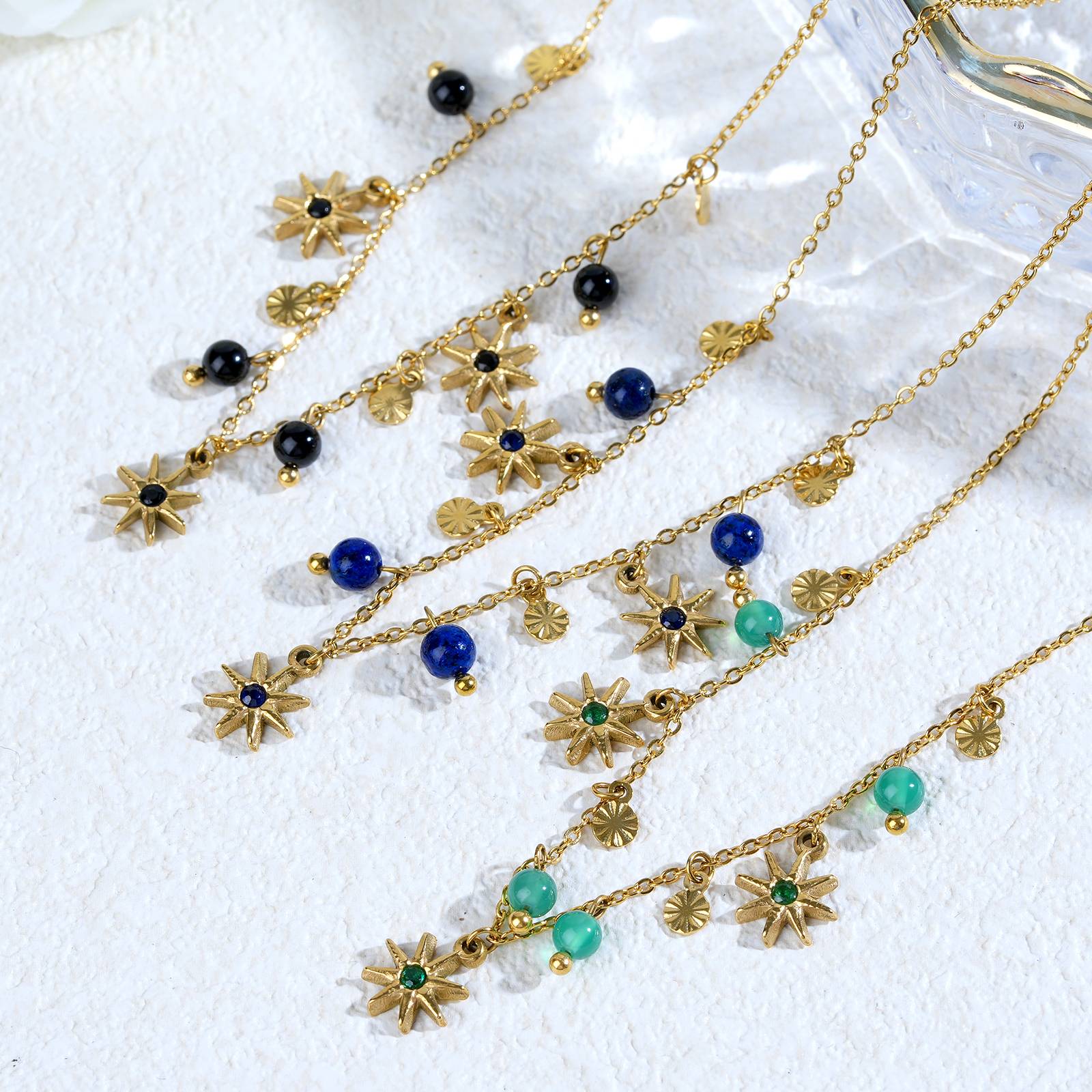 Stainless Steel Necklace with Black Agate Charms