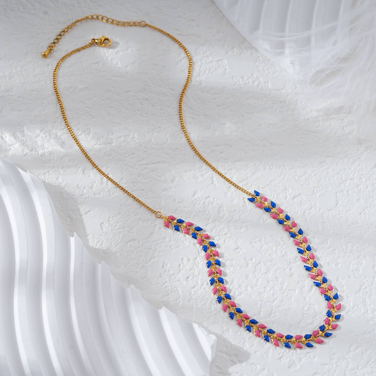 Stainless Steel Necklace with Enamel Leaf Design